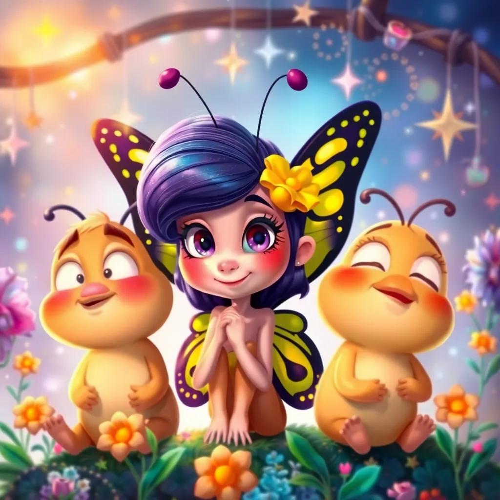 Lila, la mariposa mágica, junto a los tres amigos, con una expresión animada, mientras ellos están pensativos, en un fondo lleno de sorpresas y magia, digital painting, detailed, whimsical style, colorful, high quality