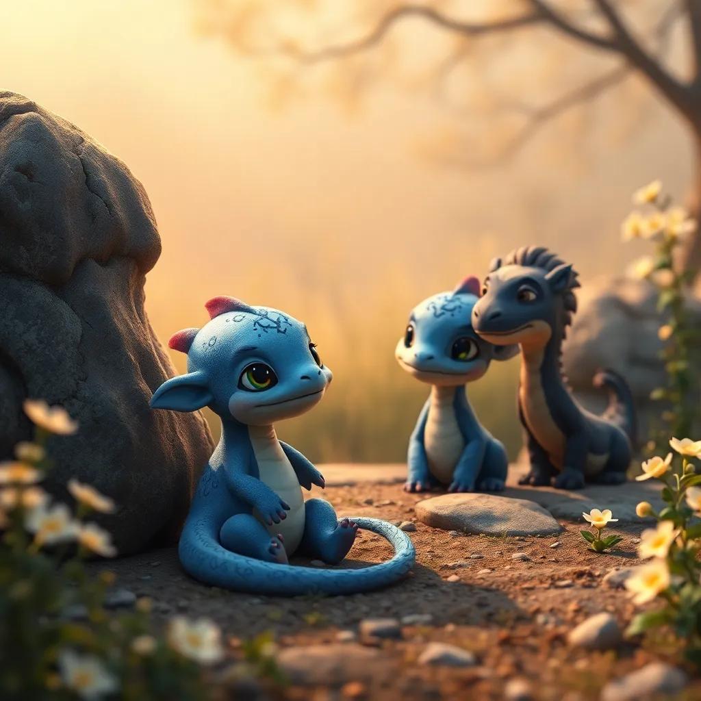 Un pequeño dragón azul llorando en un sendero pintoresco, con los tres amigos a su lado, mientras las flores doradas que cantan crecen alrededor, digital art, warm colors, emotional scene, heartwarming imagery, high quality