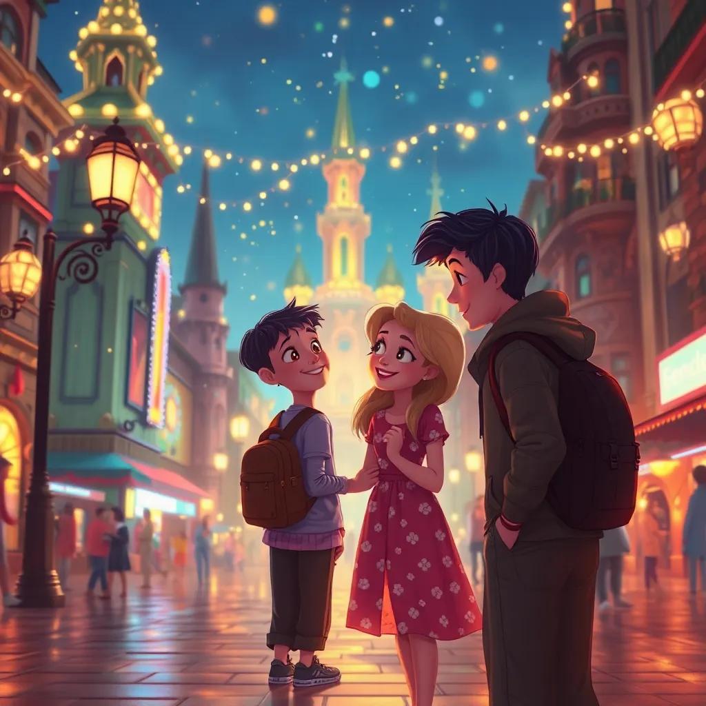 La despedida de los amigos en la ciudad mágica, con Lila junto a ellos, rodeados de luces centelleantes y una sensación de calidez y amistad, digital art, high quality, heartfelt, magical atmosphere, warm colors
