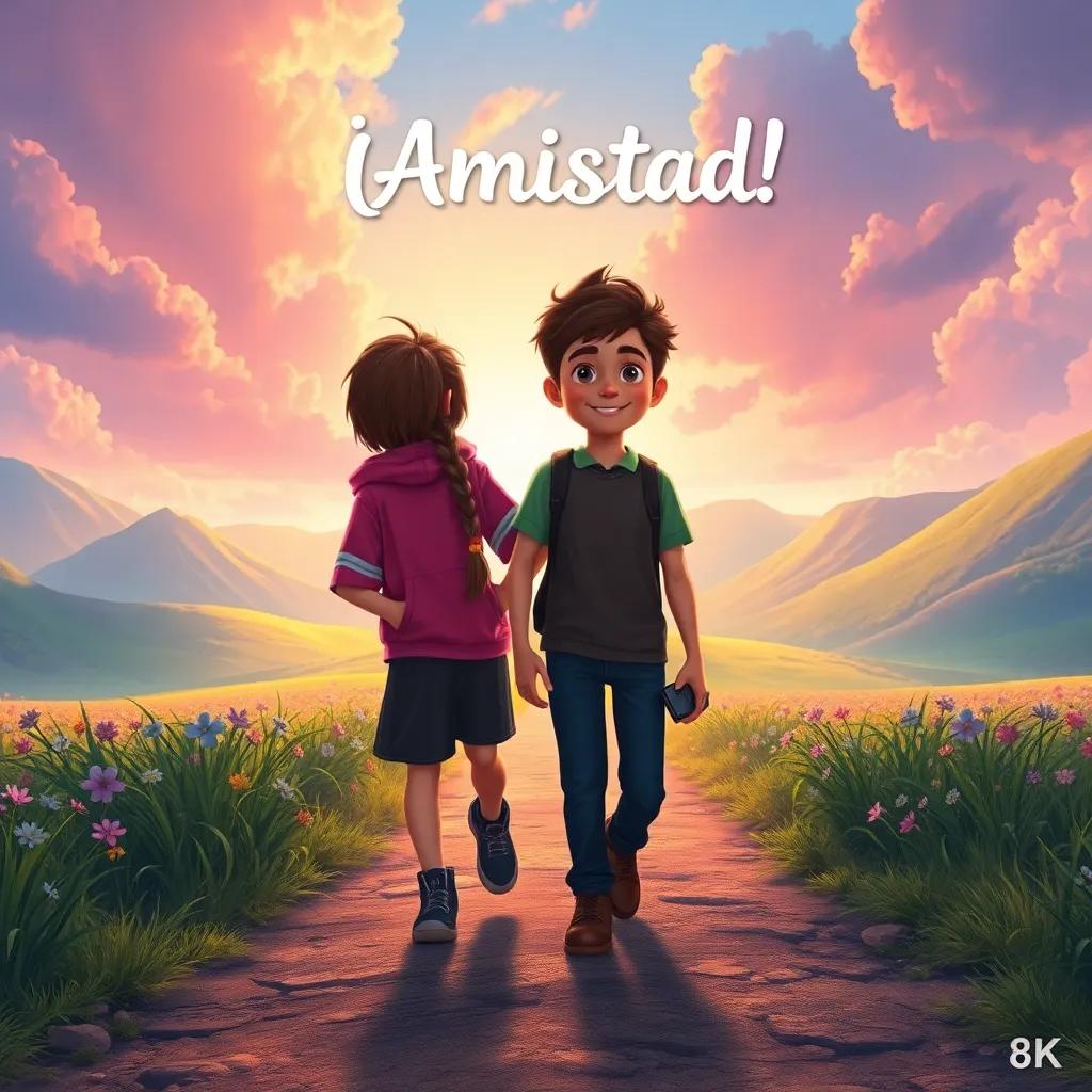 Los amigos gritando la palabra clave, ‘¡Amistad!’, mientras el camino de regreso se abre ante ellos, mostrando un hermoso paisaje lleno de recuerdos y magia, digital art, emotional, vibrant colors, stunning scenery, high quality