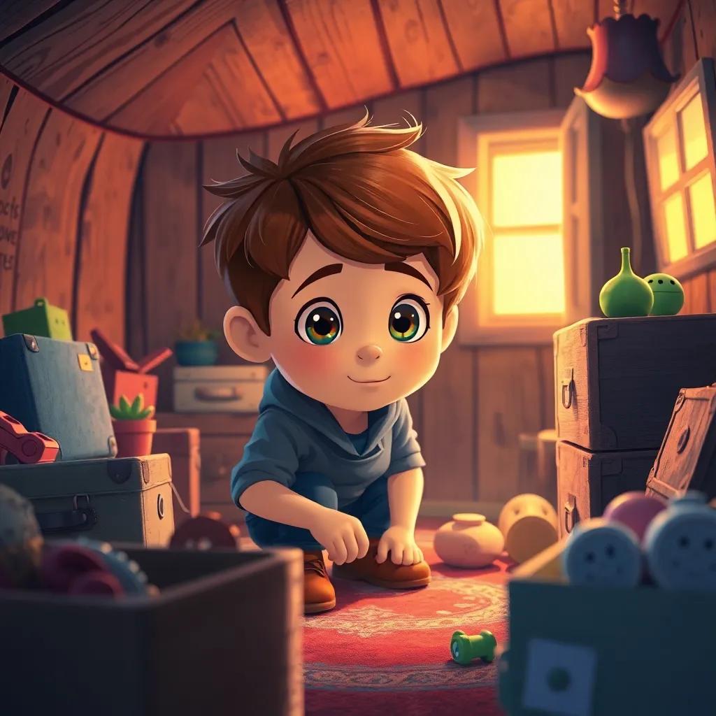 Un niño, Lucas, con cabello castaño y ojos brillantes, explorando su ático lleno de cajas y juguetes viejos, una luz suave entra por la ventana, ambiente nostálgico, ilustración, cálido