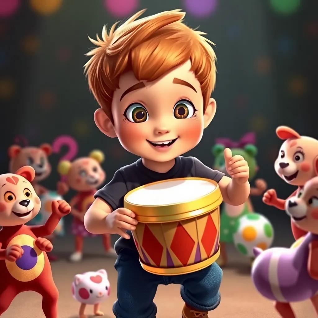 Lucas, un niño con cabello castaño y ojos brillantes, tocando un tambor, rodeado de juguetes que bailan alegremente, colores vivos, escena divertida, ilustración, vibrante