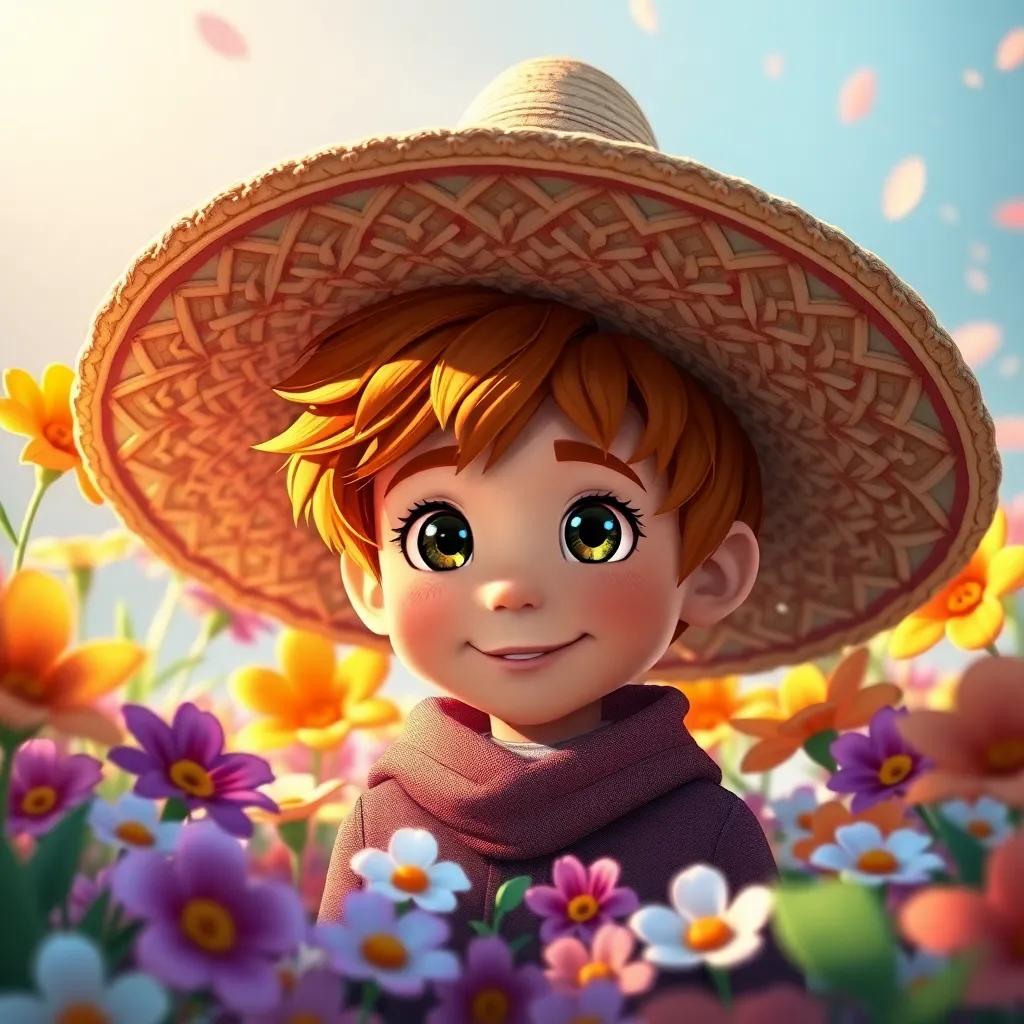 Lucas, un niño con cabello castaño y ojos brillantes, usando un sombrero gigante, rodeado por flores coloridas que flotan en el aire, luz suave, ambiente mágico, ilustración, colorido