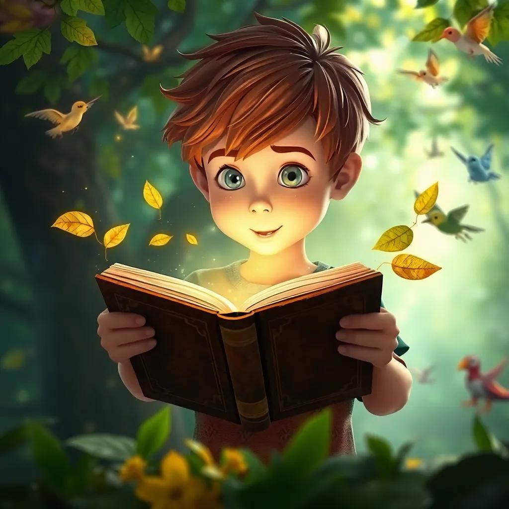 Lucas, un niño con cabello castaño, abriendo un libro antiguo, con hojas que vuelan formando un túnel brillante, fondo de bosque mágico con criaturas fantásticas, detallado, encantador