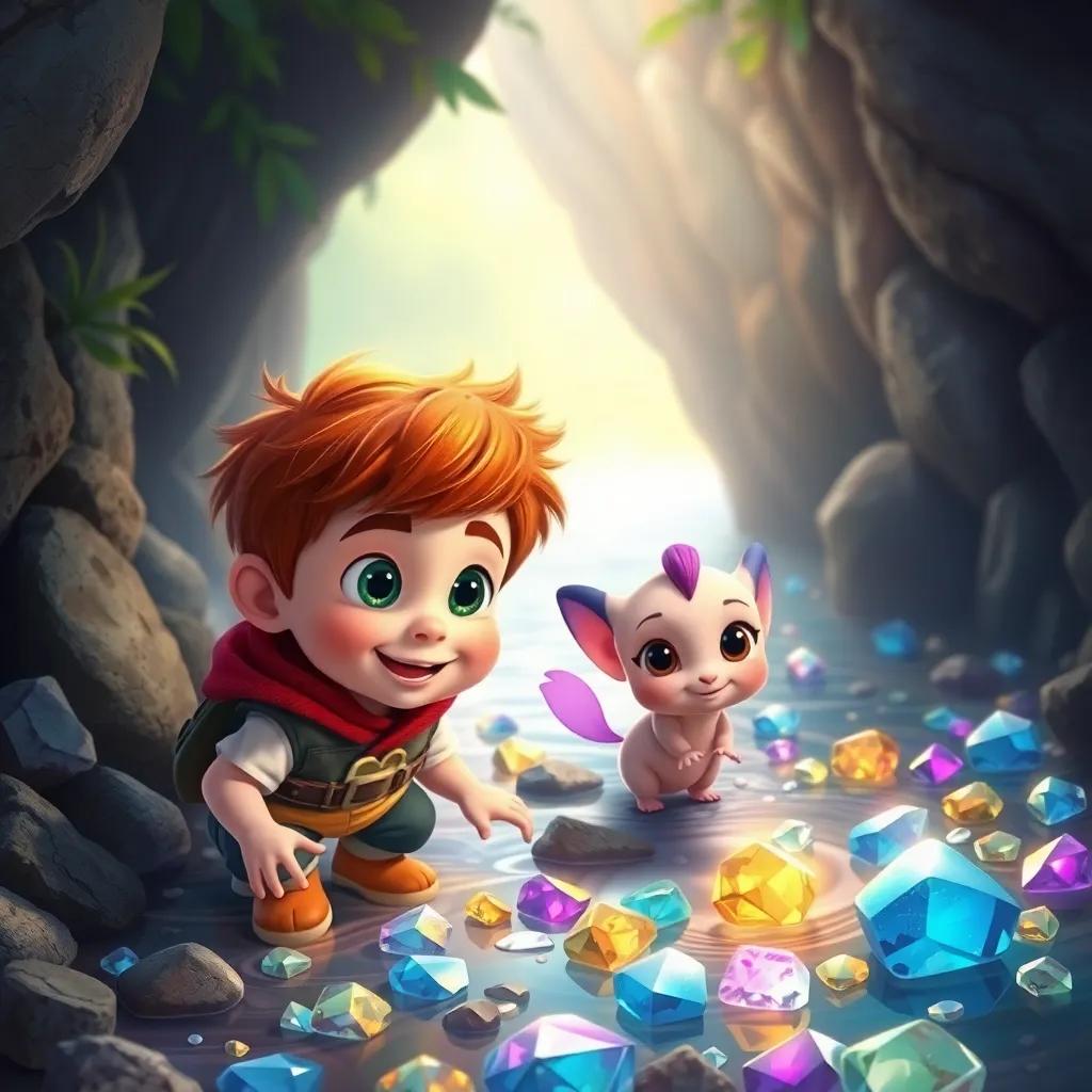 Lucas, un niño con cabello castaño y ojo verde, con Lila, un hada pequeña con alas violetas, explorando un arroyo lleno de piedras mágicas brillantes, colores brillantes, feliz