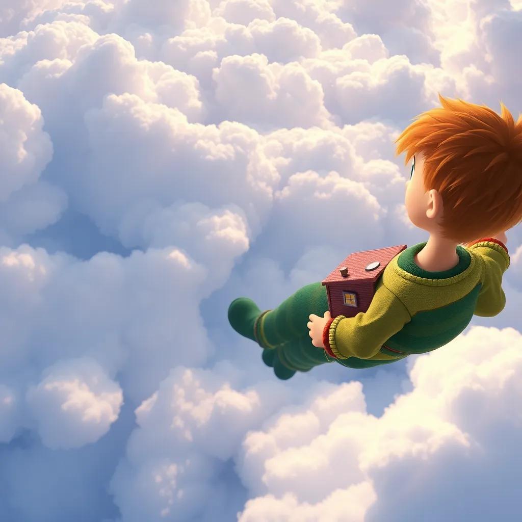 Lucas, un niño con cabello castaño y ojo verde, viendo su casa desde el aire, sonriente y valiente, volando alto entre nubes esponjosas, vista perspective alta, mágica
