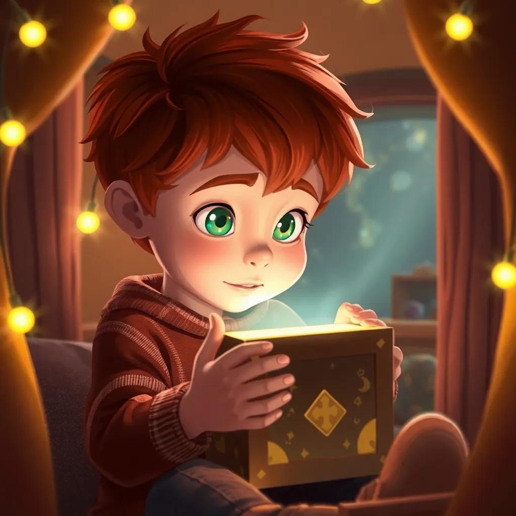 Lucas, un niño con cabello castaño y ojo verde, guardando la caja mágica en su ático, luces brillantes que la rodean, ambiente nostálgico y mágico, ilustración, íntima