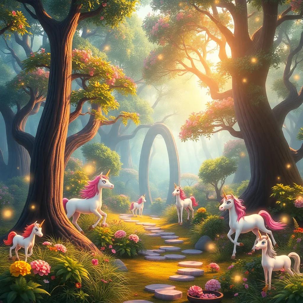 Un paisaje de un bosque mágico lleno de criaturas fantásticas, hadas y unicornios dorados, colores vibrantes, luz alegre, ilustración, mágica