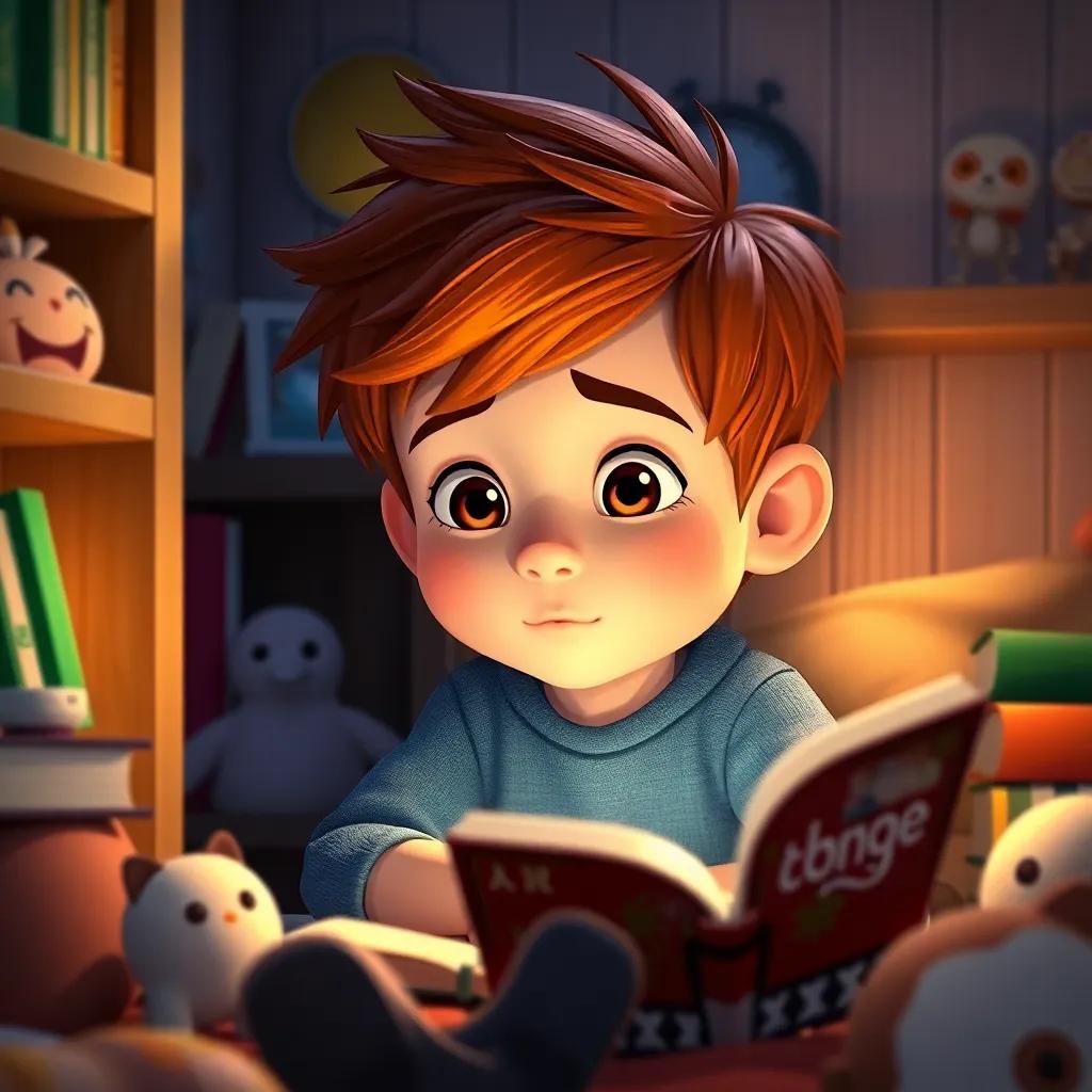 Lucas, un niño con cabello castaño y ojos brillantes, soñando con aventuras en su habitación, rodeado de juguetes y libros, luz suave, ambiente acogedor, ilustración, inspirador