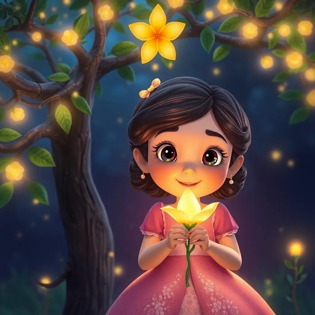 Sofía, la niña curiosa, sosteniendo una hermosa flor dorada brillante, rodeada de árboles mágicos y luces brillantes, ilustración, cálidos colores, ambiente encantador