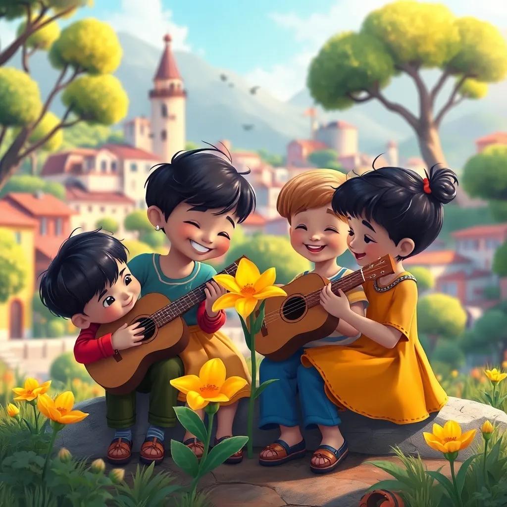 Un grupo de niños felices tocando la flor dorada, riendo y sonriendo, con un fondo de un pueblo colorido y árboles frondosos, arte colorido, feliz y acogedor, infantil