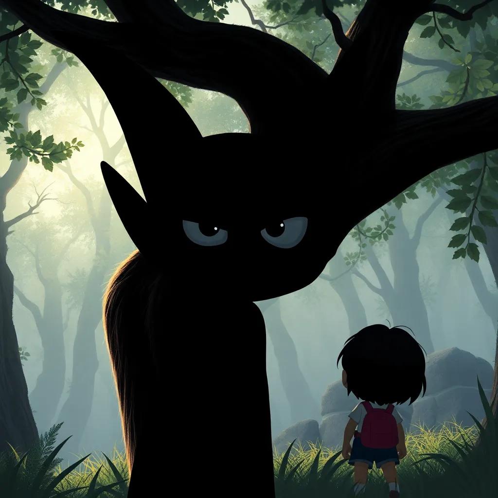 Una sombra oscura del duende travieso con una expresión traviesa, observando a los niños desde detrás de un árbol, con un paisaje de bosque mágico, ilustración, tonos oscuros, ambiente intrigante