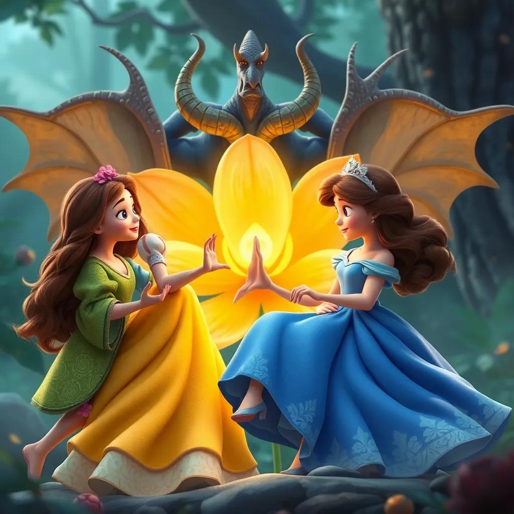 Sofía y sus amigos enfrentándose valientemente al duende, todos juntos frente a la flor dorada, mostrando unidad y valentía, artístico, colores contrastantes, escena conmovedora