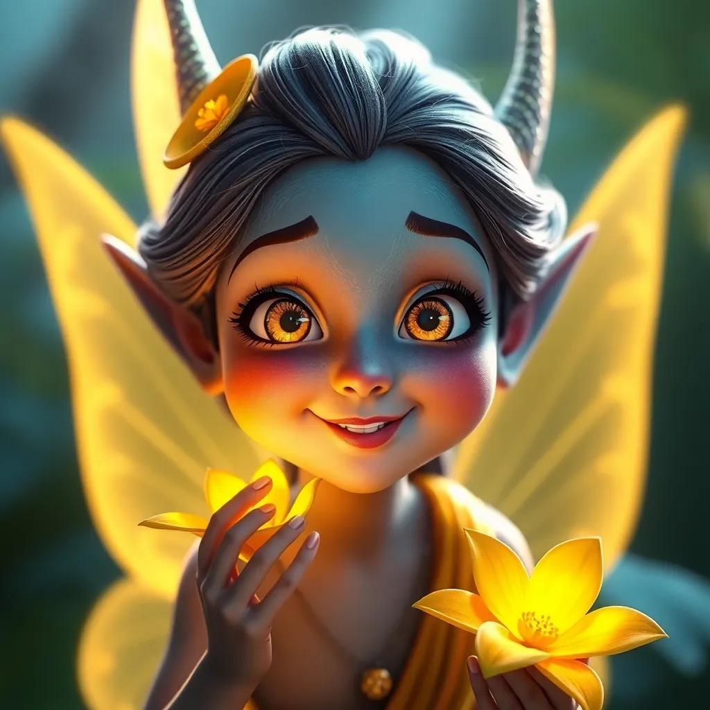 El duende proporcionado por Sofía tocando la flor dorada, con una luz brillante iluminando su rostro, mostrando sorpresa y alegría, digital art, luminoso y mágico, ambiente positivo