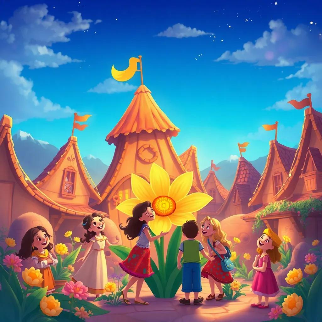 El pueblo mágico lleno de risas y felicidad, todos disfrutando juntos alrededor de la flor dorada, con un fondo de colores vivos y un cielo azul, ilustración, alegre y festiva
