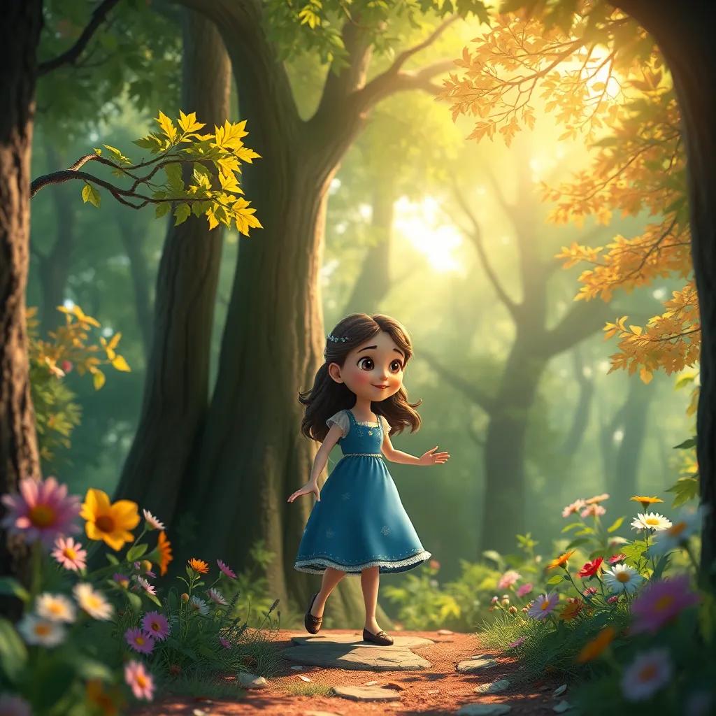 Sofía explorando el bosque, rodeada de árboles mágicos y flores de colores, con luz suave brillando a través de las hojas, arte digital, sereno y encantador, perspectiva acogedora