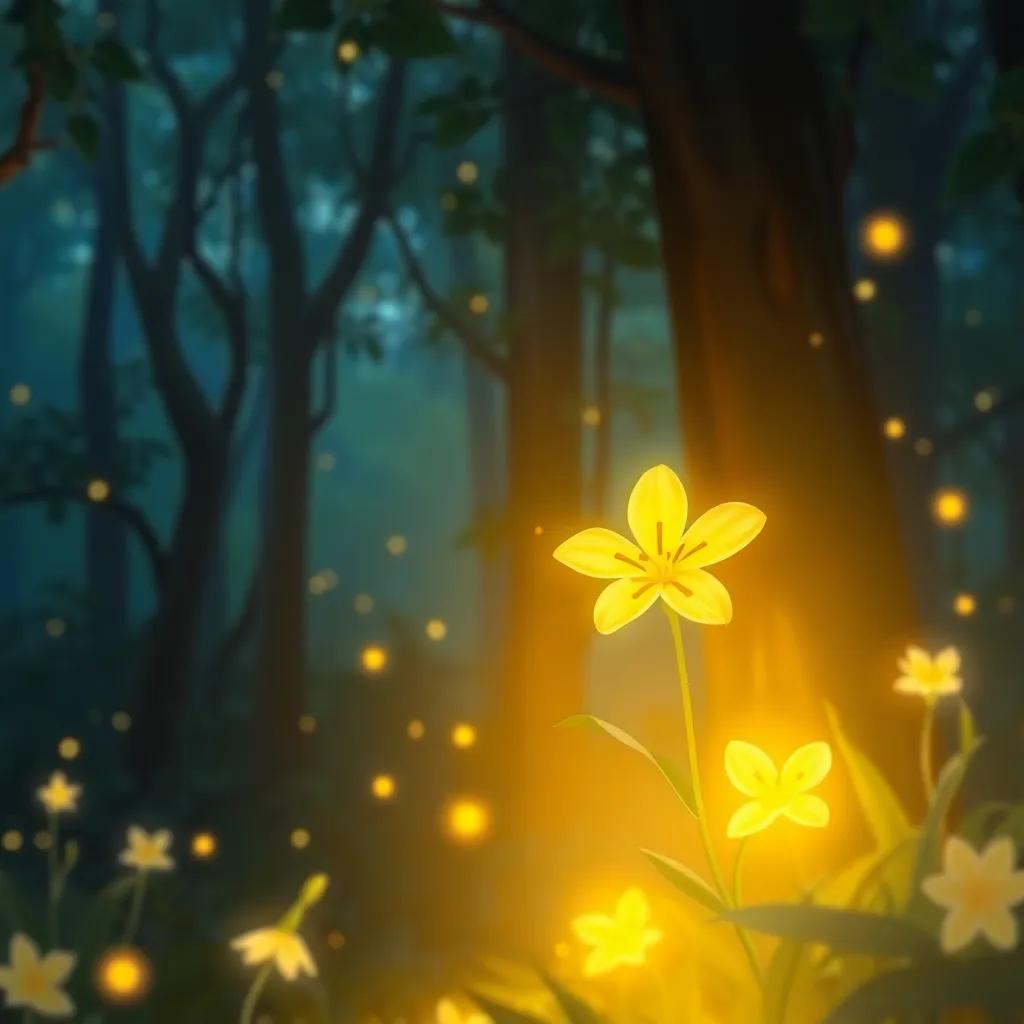 La flor dorada brillando en el corazón del bosque, rodeada de luz dorada y un aura mágica, simbolizando amistad y alegría, ilustración, suave y acogedora, atmósfera de ensueño