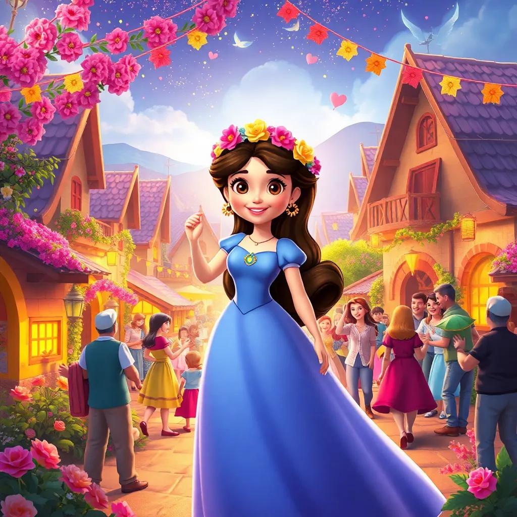 Sofía, ahora una heroína, con una corona de flores, en un pueblo mágico lleno de amor y amistad, con todos celebrando juntos, arte vibrante, feliz y festivo