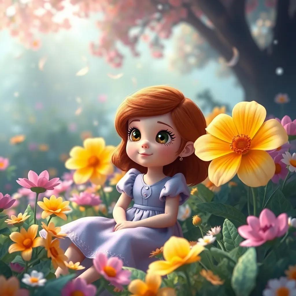 Sofía, una niña con cabello castaño y ojos grandes, sentada entre flores que cantan, escuchando música, el jardín lleno de color y vida, atmósfera mágica, encantadora, illustration, detallada