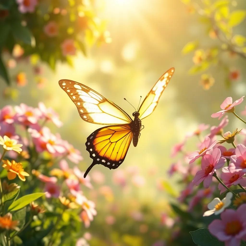 Una mariposa dorada con alas brillantes volando hacia Sofía, que la sigue a través del jardín lleno de flores cantantes, luz del sol brillando y creando sombras danzantes, vibrante , digital art