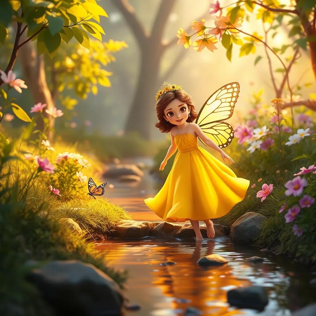 Sofía y la mariposa dorada cruzando un pequeño arroyo, un sendero florido y musical a su alrededor, ambiente mágico, alegre,  mejorado, colorido
