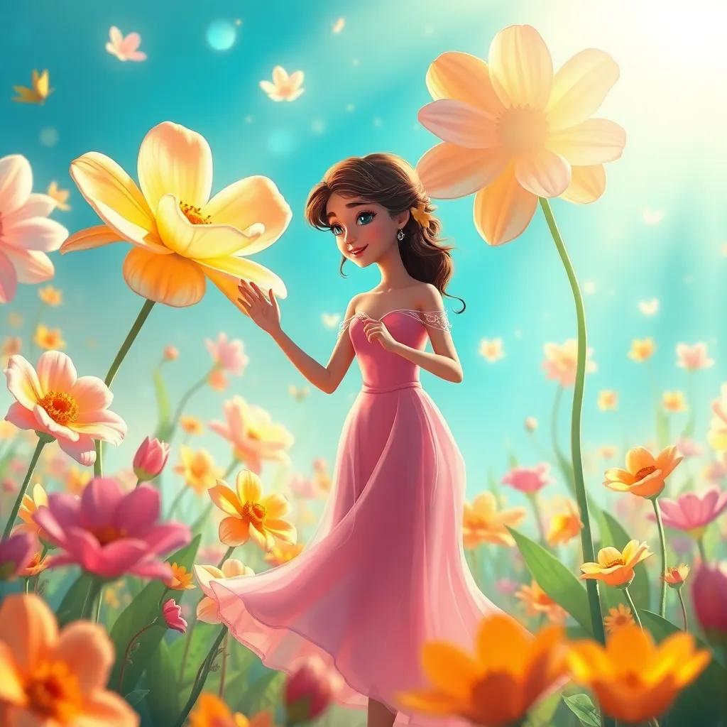 Un claro mágico lleno de flores gigantes bailando al ritmo de la música, Sofía riendo y bailando con ellas, luz suave entrando desde los lados, colorido, digital painting, encantador