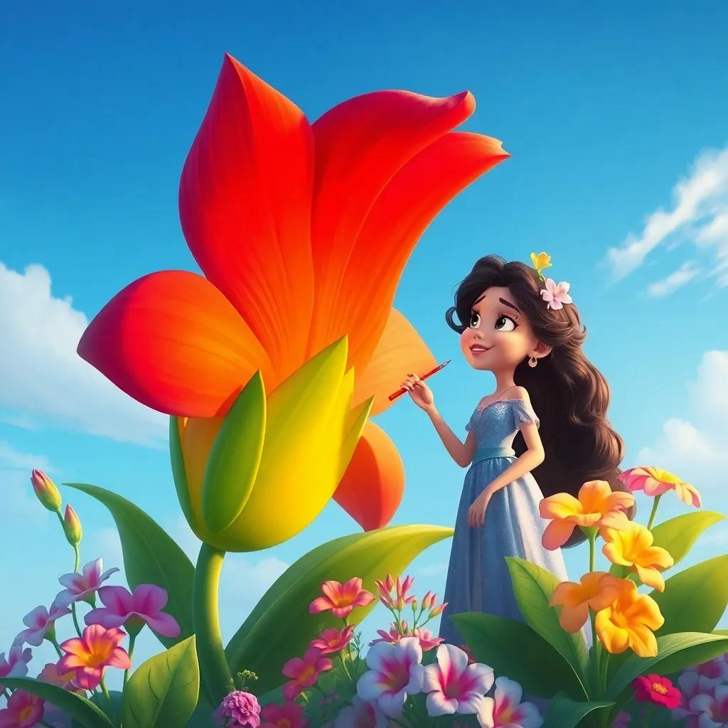 Una flor gigante hablando con Sofía mientras ella sonríe feliz, plantas vibrantes y un fondo de cielo azul despejado, narrativo, bello, ilustración, rica en colores