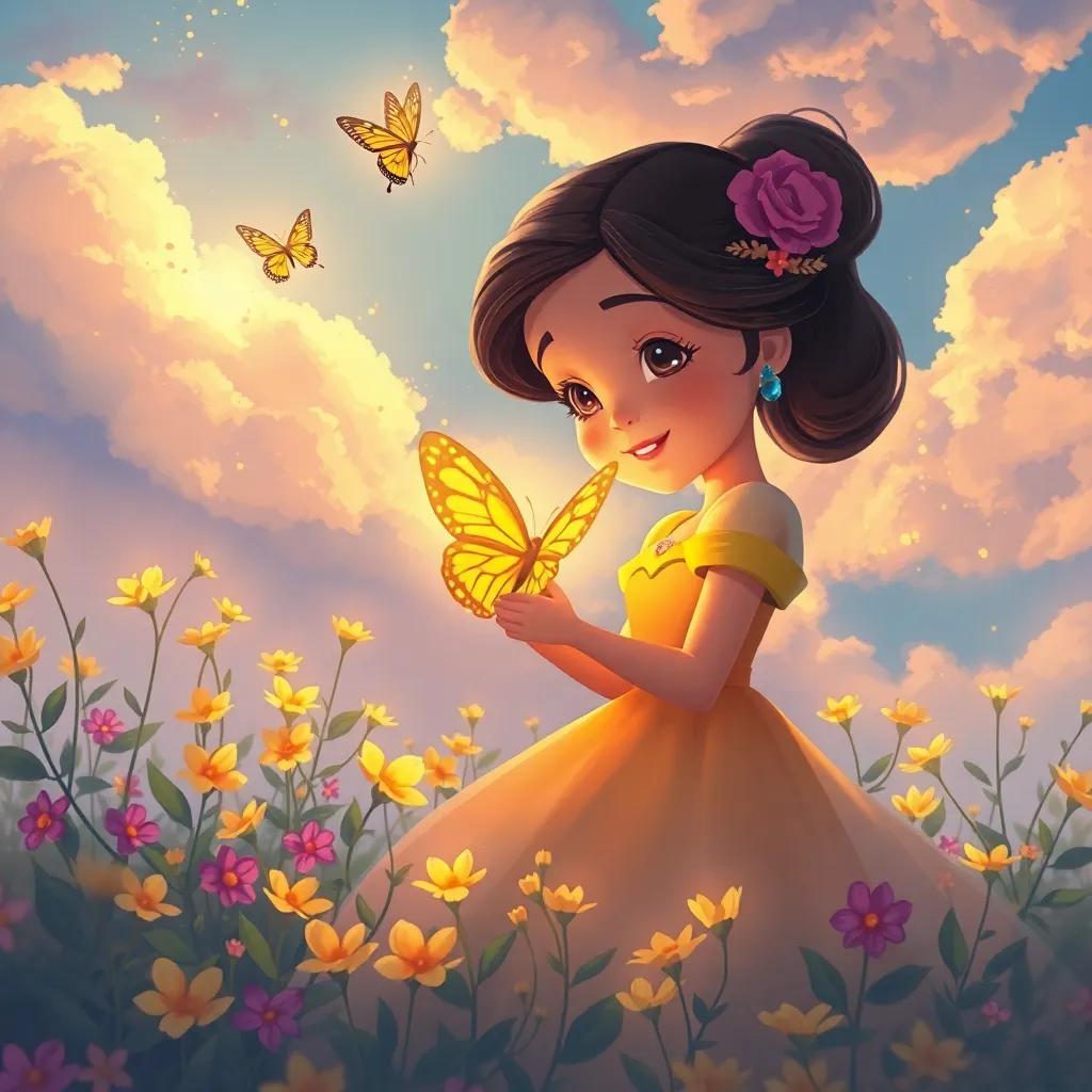 Sofía despidiéndose de las flores cantantes, el cielo atardeciendo, y la mariposa dorada volando de regreso, sentimientos de alegría y nostalgia, intensa luz dorada, dibujo, conmovedor