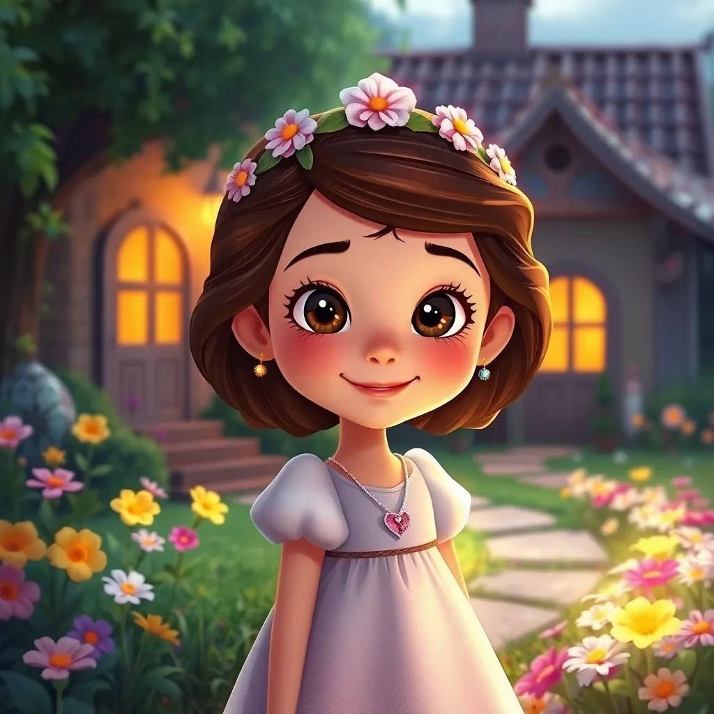Sofía, una niña que vuelve a casa después de su aventura, sonrisa en su rostro, un camino de flores de colores brillantes a su alrededor, cálido, sonrisa, ilustración, encantada