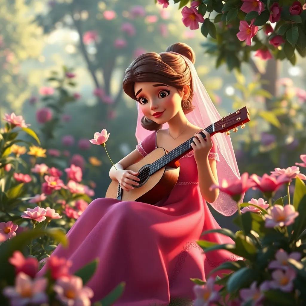 Sofía sentada en su jardín, tocando una flor y escuchando su melodía, el jardín lleno de vida y colores, luz suave, mágico, belleza, arte digital