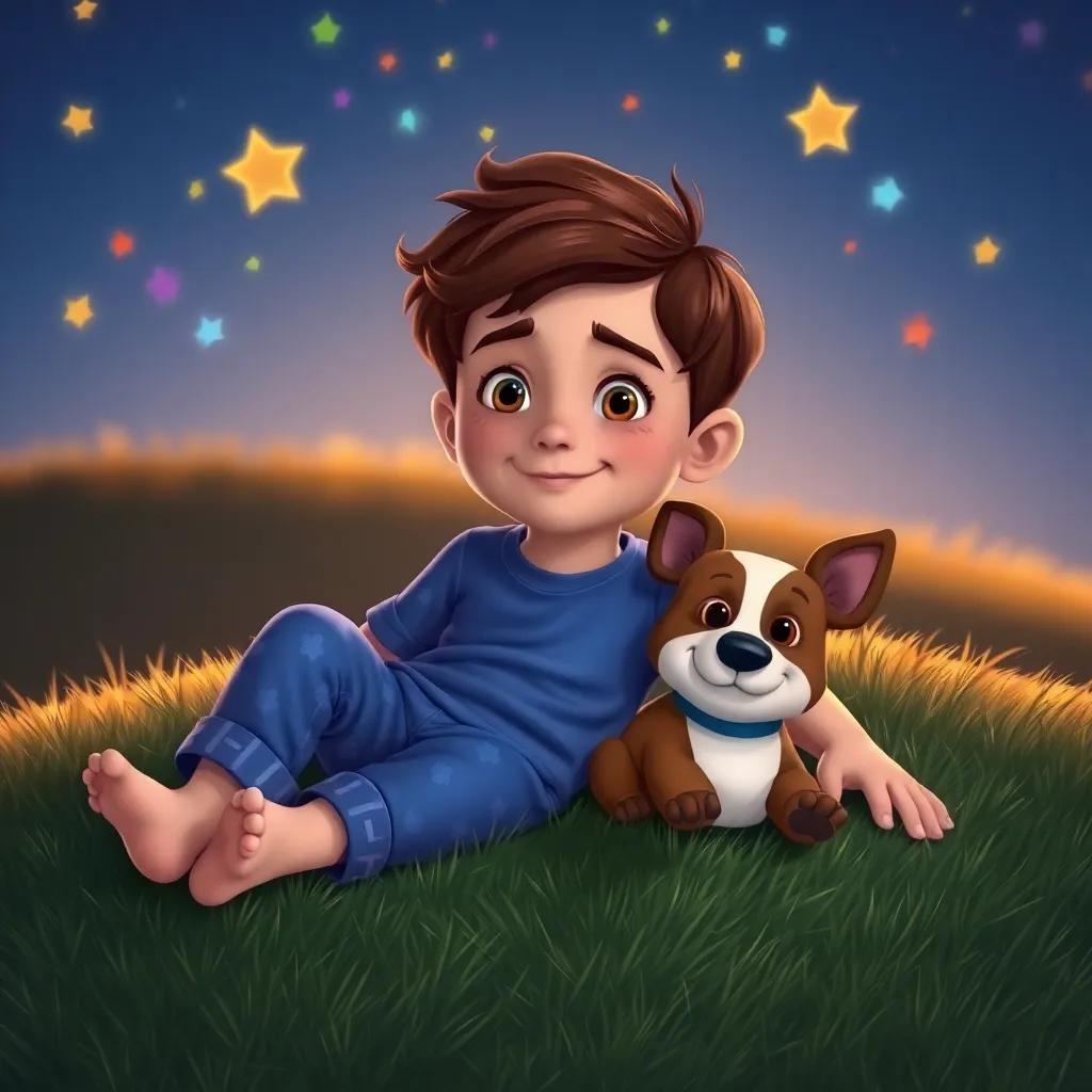 A young boy named Tomás, with short brown hair, wearing a blue t-shirt and pajamas, lying on a grassy hill with his small dog Toto, colorful stars twinkling above them, warm night light, digital art, whimsical, child-friendly, enchanting