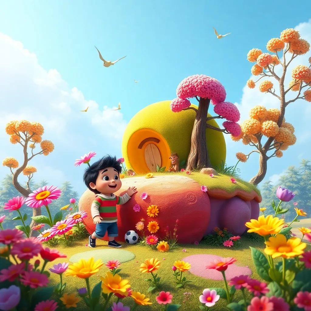 A small colorful planet with singing flowers and dancing trees, Tomás and Toto exploring, vibrant colors, magical environment, cheerful, high-quality, fantasy