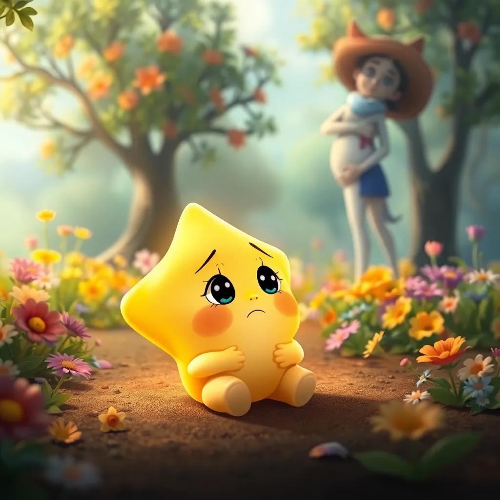 A sad little star sitting on the ground, with big eyes, looking up at Tomás and Toto, surrounded by colorful flowers and trees, soft glowing light, inviting atmosphere, fairy tale illustration