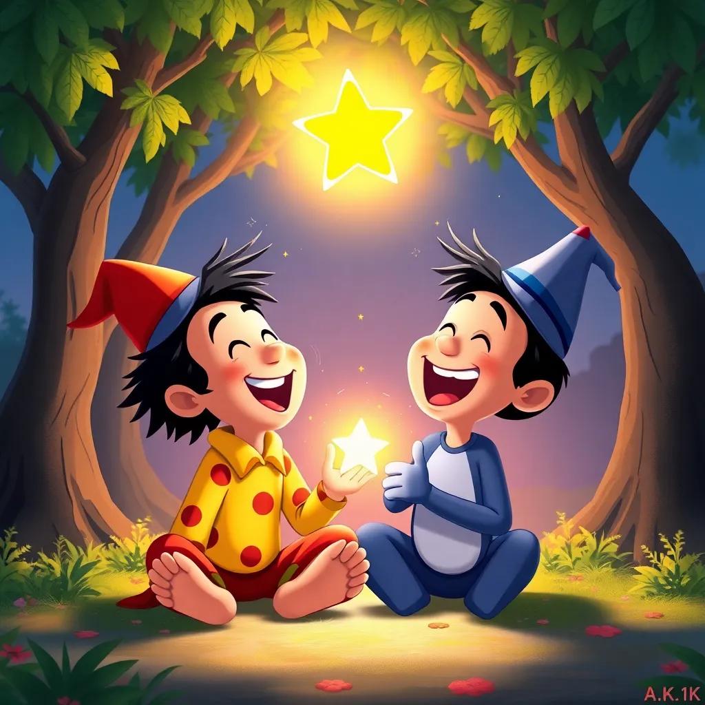Tomás and Toto laughing together, bright laughter creating light around them, trees swaying happily, the little star glowing more brightly, joyful scene, lively colors, uplifting, illustration