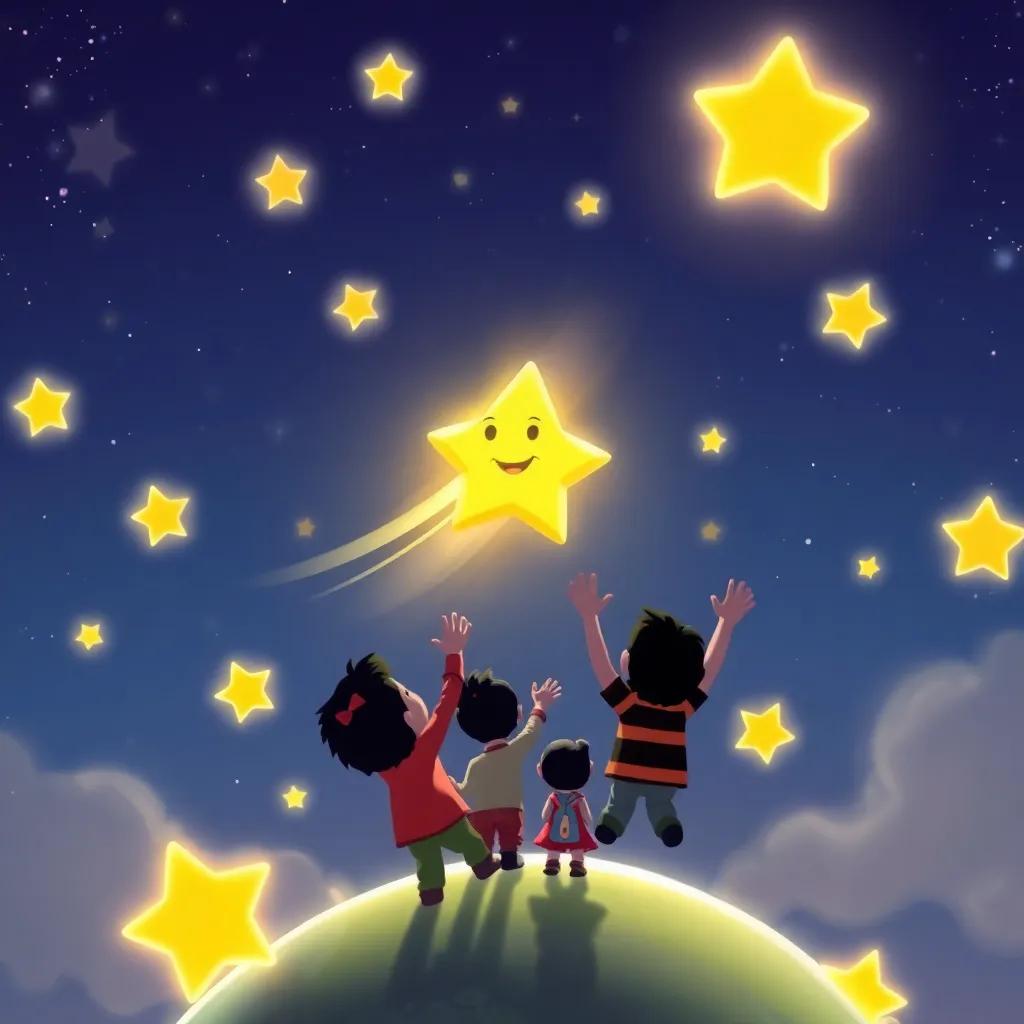 The happy little star soaring back into the sky, shining brightly, surrounded by other stars, Tomás and Toto waving from the planet below, a beautiful night sky, cheerful and magical, high-quality digital art