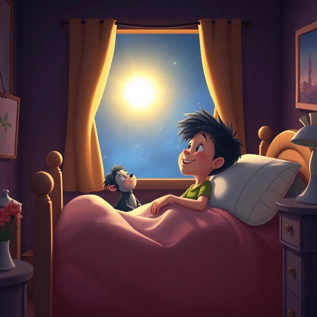 Tomás waking up in his bed with Toto beside him, excitedly looking out the window at the bright star in the night sky, warm cozy room, enchanting feel, illustration, high quality