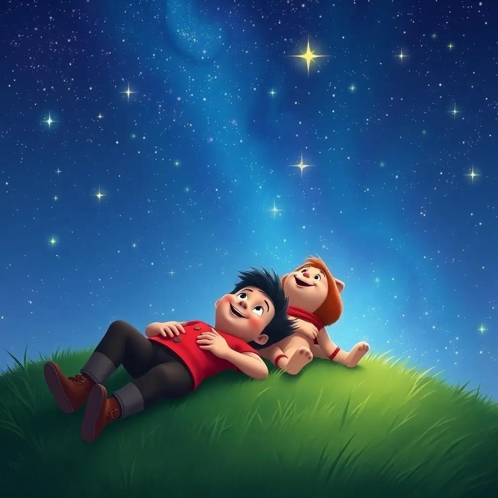 Tomás and Toto lying on a grassy hill again, looking upwards at the twinkling stars, filled with wonder and happiness, magical night sky, colorful, heartwarming, high-quality illustration