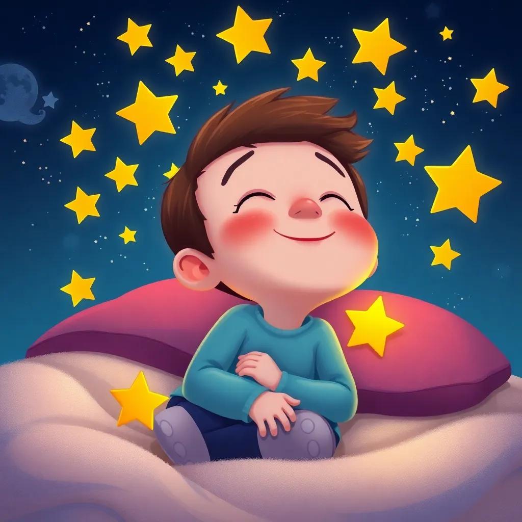 Tomás, now dreaming again with a smile, surrounded by stars in his dreams, imaginative and cheerful, cozy atmosphere, vibrant colors, digital illustration