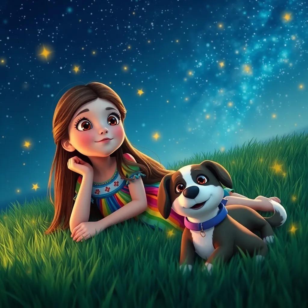 A curious young girl, Luz, with long brown hair, wearing a colorful dress, lying on the grass at night counting stars, with her dog Estrella beside her, starry sky, colorful, magical atmosphere, digital art, high quality