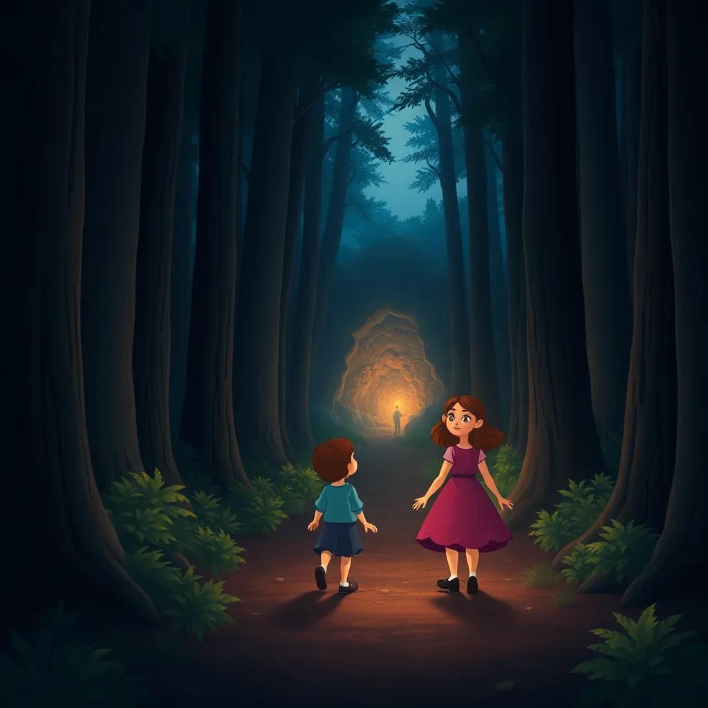 Luz and Estrella walking through a dark forest, with tall trees surrounding them, a bright light shining from a cave in the distance, enchanting scene, illustration, mystical, inviting colors, child-friendly