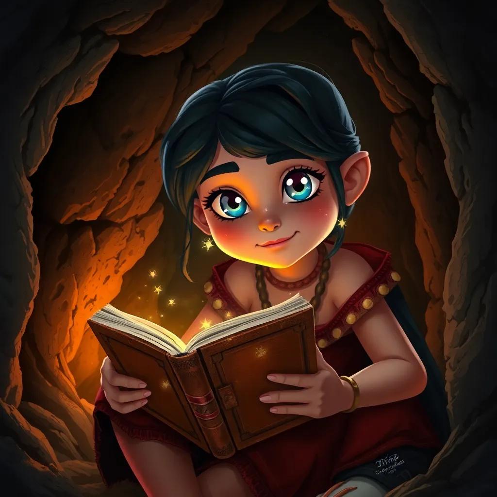 Luz sitting in a cave, holding an old dusty book, with glowing stars reflected in her eyes, a warm light illuminating the surroundings, digital painting, captivating, wonder, detailed