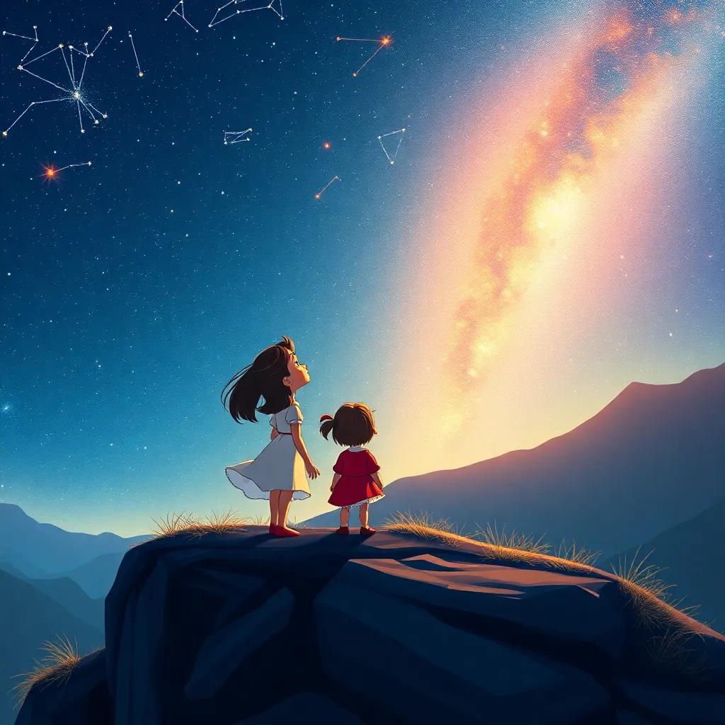 Luz and Estrella standing on a mountain top, looking up at the twinkling stars, constellations visible in the sky, filled with awe and joy, magical and vibrant, illustration, immersive, uplifting