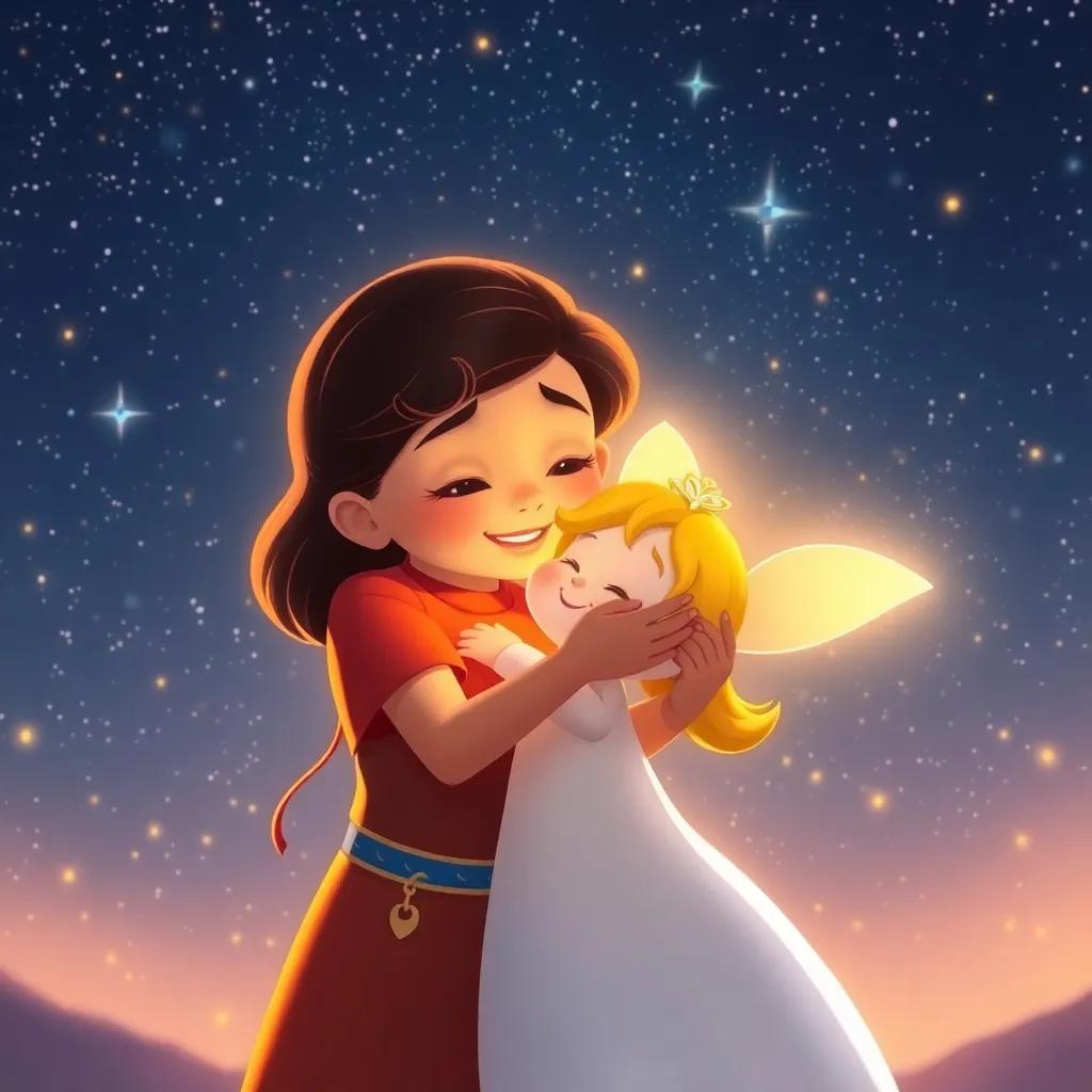 Luz hugging Estrella under a starry sky, with the glow of the stars creating a beautiful atmosphere, feeling a sense of wonder and gratitude, bright colors, heartwarming, digital art, high quality