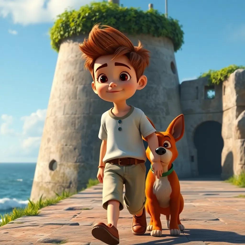 Un niño valiente, Tomás, con cabello castaño, usando una camiseta blanca y pantalones cortos, caminando junto a su perrito Max de pelaje marrón, frente a un faro viejo cubierto de hierbas, mar de fondo, arte digital, colores vibrantes, atmósfera de misterio