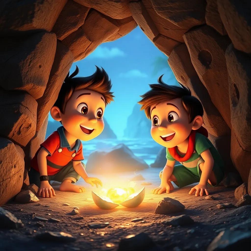 Tomás y Max descubriendo un cofre dorado detrás de una roca, el faro de fondo, sus caras llenas de sorpresa y emoción, escena mágica, arte digital, luminoso, perspectiva cercana