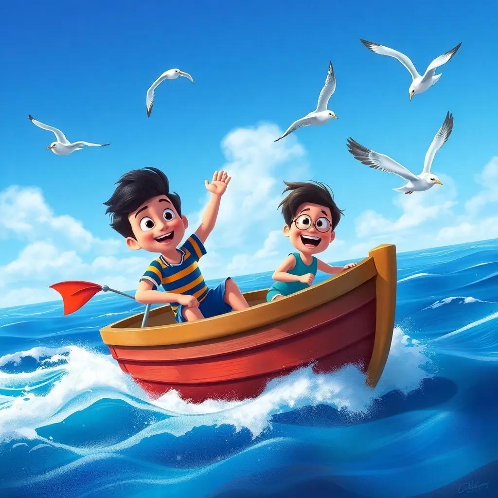 Tomás y Max navegando en un pequeño barco, surcando el océano, gaviotas volando, expresión de libertad y alegría, ilustración, colores vivos, atmósfera alegre