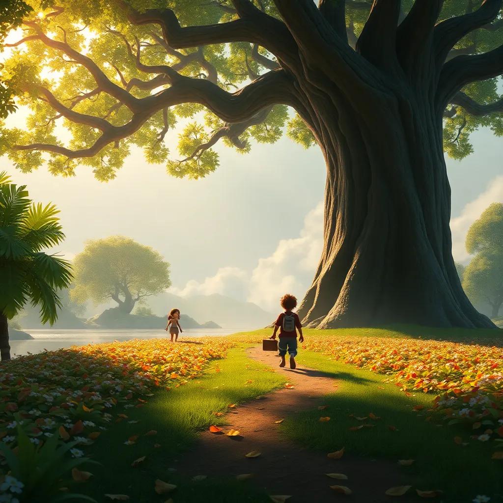 Tomás y Max llegando a una isla, frente a un árbol gigante, con un suelo cubierto de hojas, lleno de emoción, arte digital, tonos naturales, perspectiva atmosferica