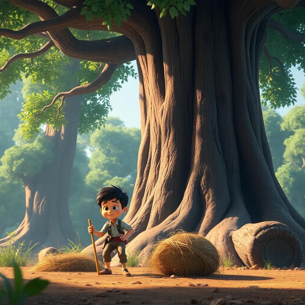 Tomás cavando en busca del tesoro con Max a su lado, el árbol gigante de fondo, ambos concentrados, escena animada, arte digital, cálidos colores, sensación de descubrimiento