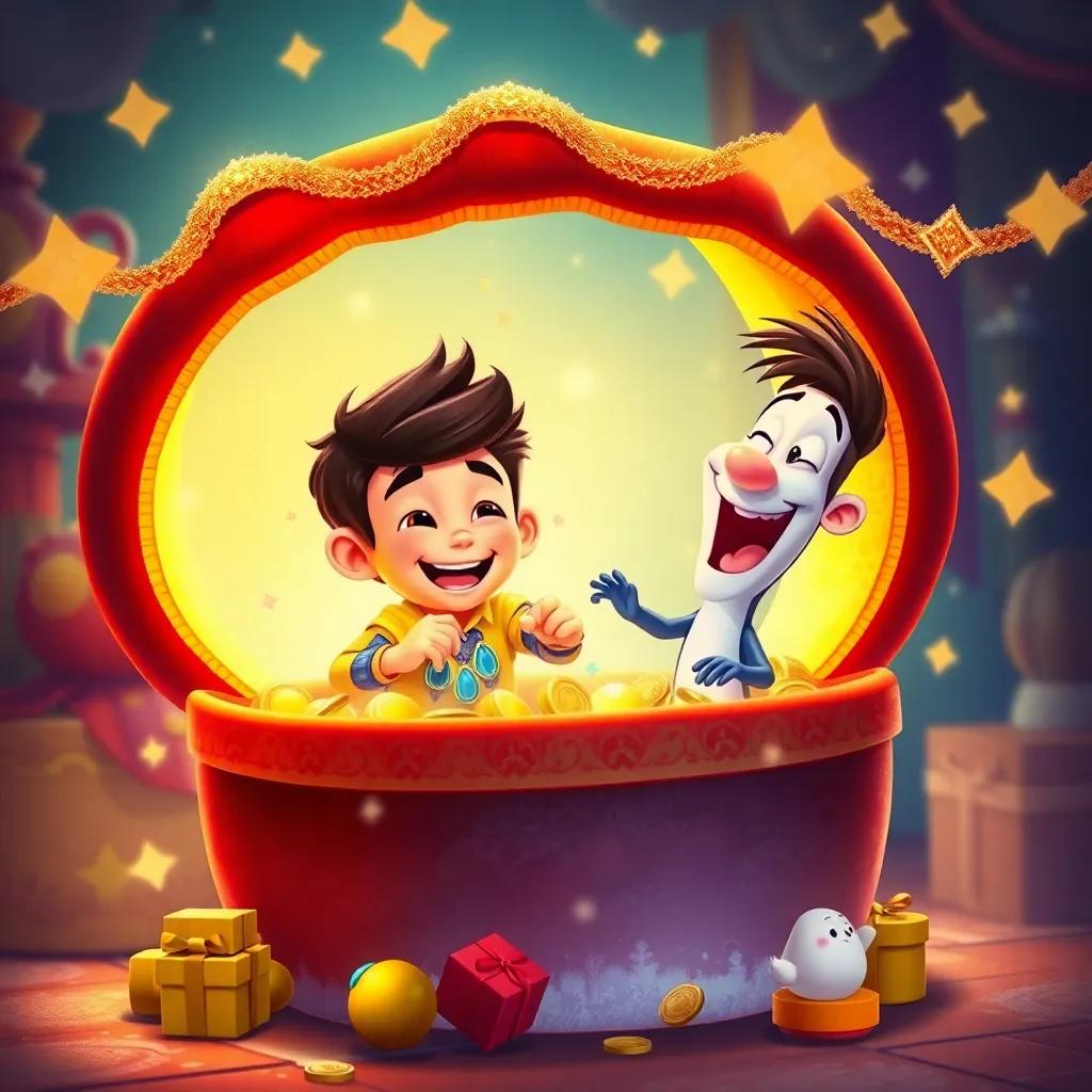 Tomás abriendo un cofre con joyas y monedas, su carita radiante de felicidad, Max ladrando emocionado, escena mágica, ilustración, resplandores dorados, ambiente de celebración