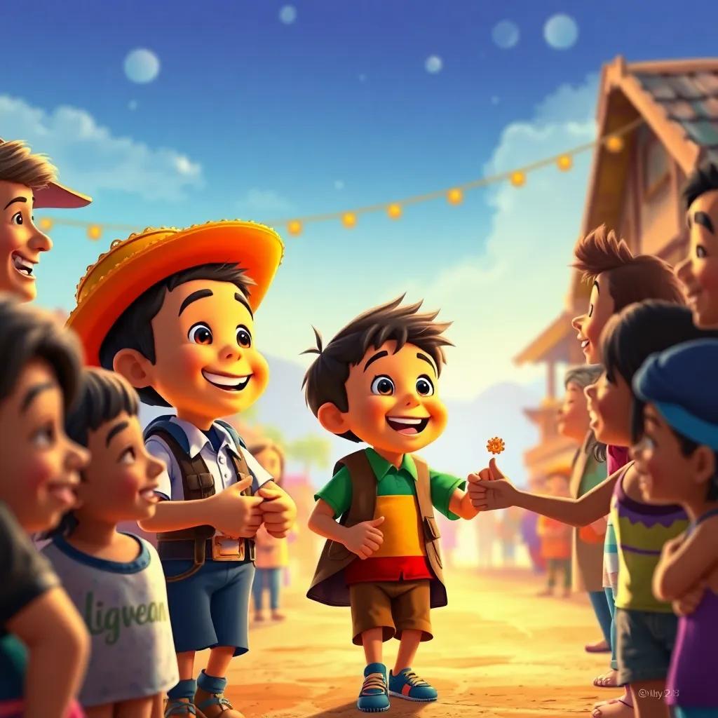Tomás y Max regresando al pueblo, rodeados de amigos y familia sonriendo, repartiendo monedas y joyas, expresión de alegría en todos, arte vibrante, escena comunitaria, colores luminosos